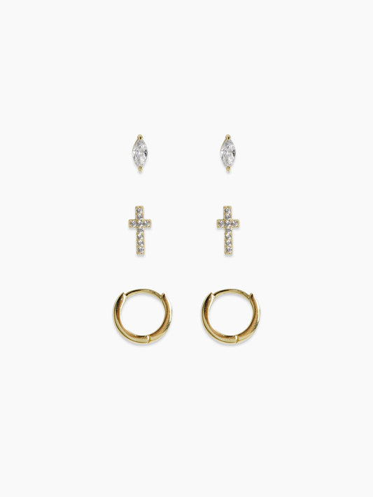 Golden Trio Cross Earring Stud Pack
